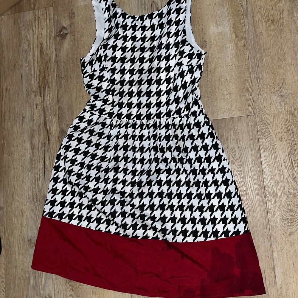 Black and White Houndstooth Dress with Red Hem